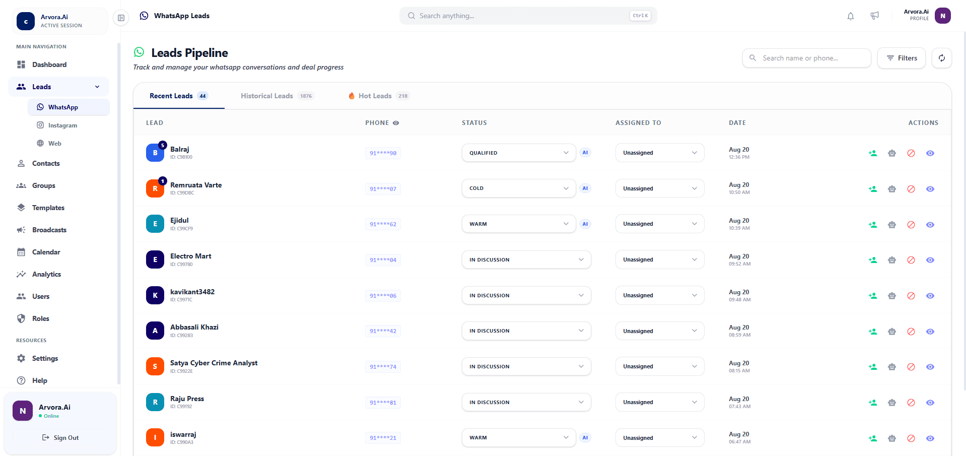 Arvora.AI Lead Pipeline Dashboard